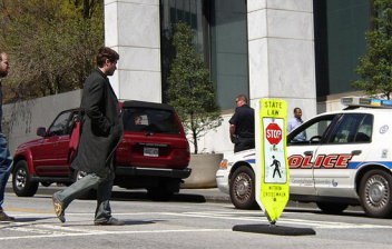 Police departments across the country, including the Georgia State University police, pictured, perform pedestrian safety operations to educate and encourage drivers to yield to pedestrians. Source: PEDS.ORG